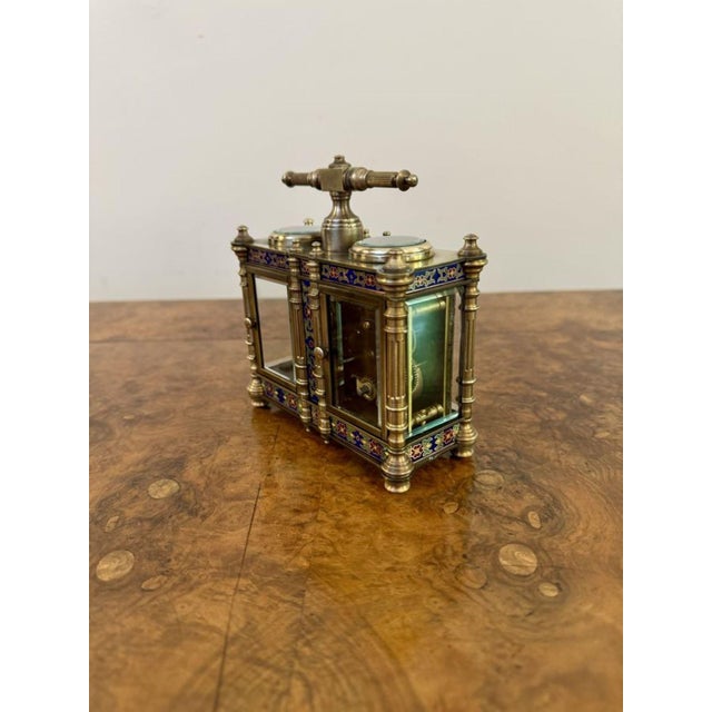 Edwardian Brass and Enamel Carriage Clock and Barometer, 1900s For Sale - Image 3 of 9