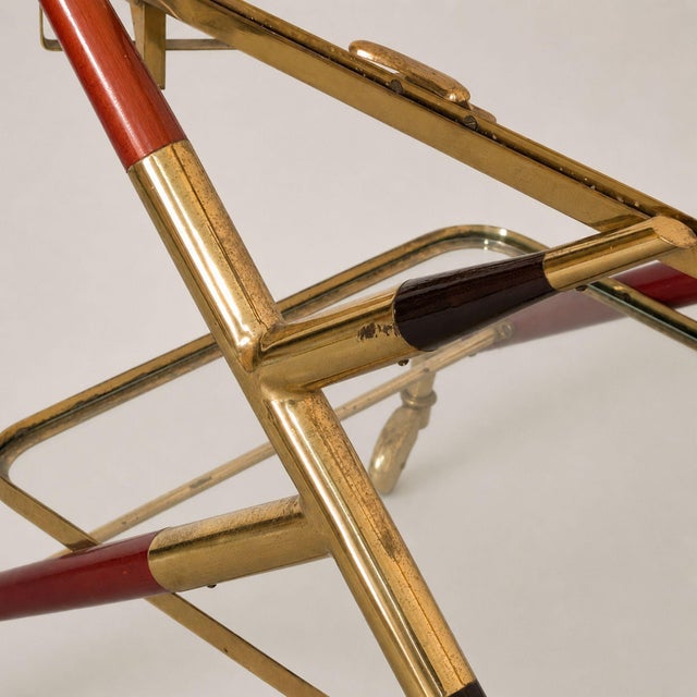 Italian Mid Century Modern Trolley Bar Cart Brass Glass Attributed to Cesare Lacca, 1950s For Sale - Image 6 of 9