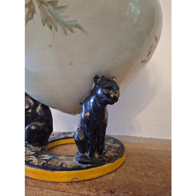 Large 20th Century Polychrome Earthenware Cachepot with Floral Decoration Resting on Three Panthers, 1920s For Sale - Image 4 of 7