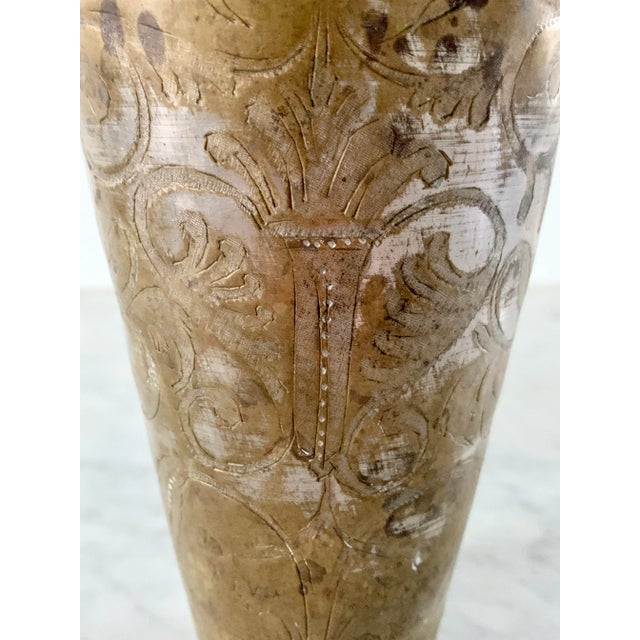 Antique Indian Etched Brass Lassi Cups or Bud Vases, a Pair For Sale - Image 11 of 14