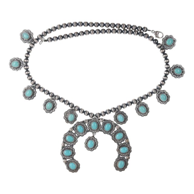 Danny Clark Navajo (1946-2021) Sterling/turquoise squash blossom necklace For Sale