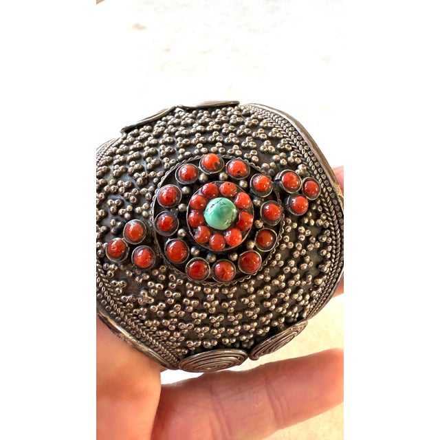 Asian Sterling Silver, Coral and Turquoise Cuff Bracelet For Sale - Image 3 of 8