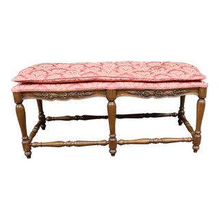 Country French Carved Cherry Upholstery Bench For Sale