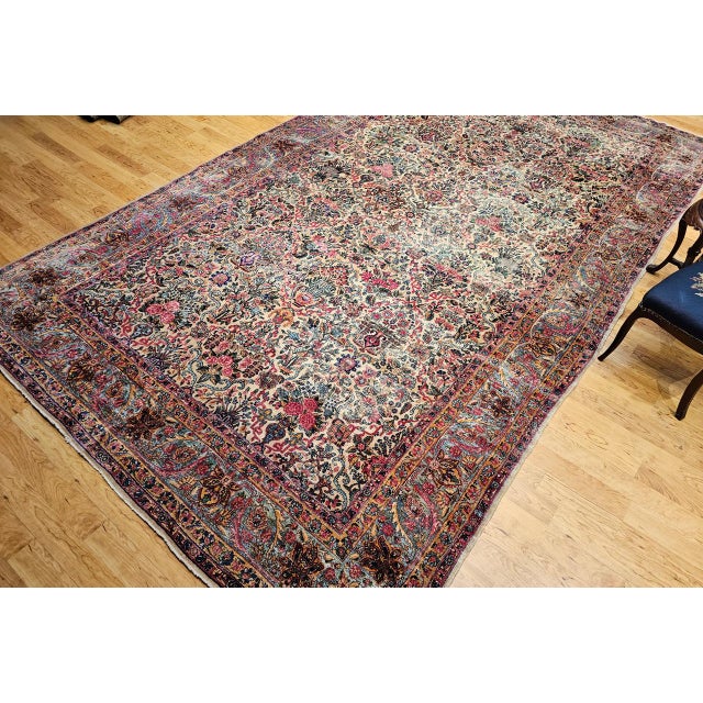 Vintage Oversized Persian Kerman Lavar Rug, Hand-Knotted Wool, Allover Floral Vase Pattern, Ivory & Turquoise, 9’ X 14’ For Sale - Image 9 of 18