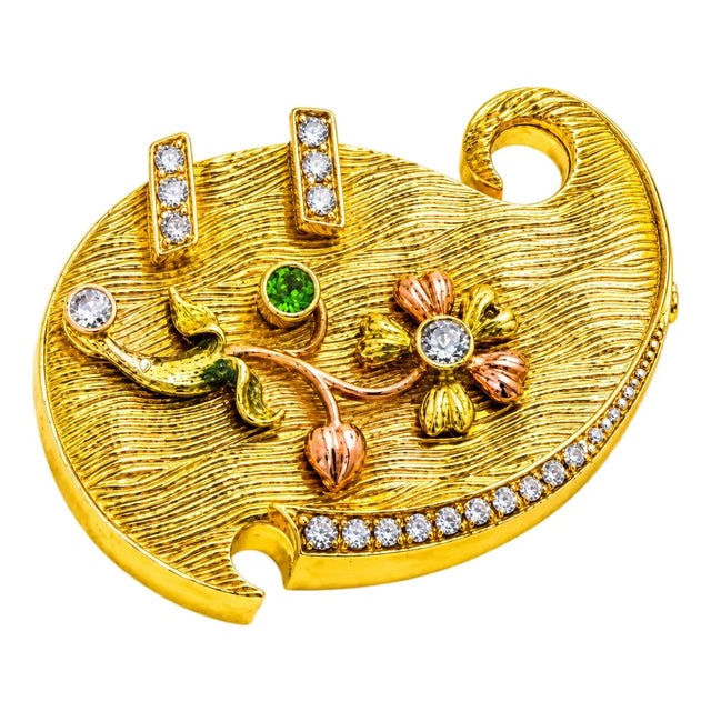 Late 19th Century 14K Yellow Rose Green Gold Diamond Garnet Brooch Pin Antique Estate For Sale