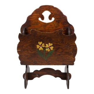 Vintage Hand-Painted Floral Wooden Magazine Rack | Scalloped Folk Art Letter & Mail Holder With Yellow Flowers For Sale