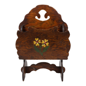 Vintage Hand-Painted Floral Wooden Magazine Rack | Scalloped Folk Art Letter & Mail Holder With Yellow Flowers
