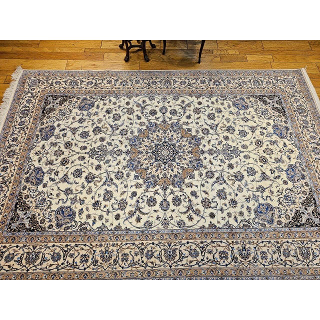 1900 - 1909 Vintage Exceptionally Fine Persian Nain Habibian Area Rug, Hand-Knotted Wool & Silk, Floral Pattern, 7x10, Ivory & Blue For Sale - Image 5 of 16