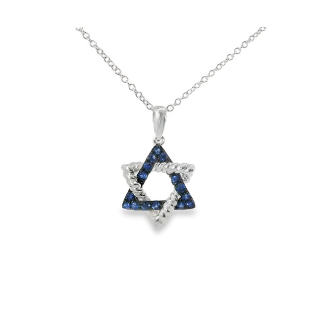 Religious 14K White Gold Sapphire Star of David Pendant Necklace Estate by EFFY For Sale - Image 3 of 3