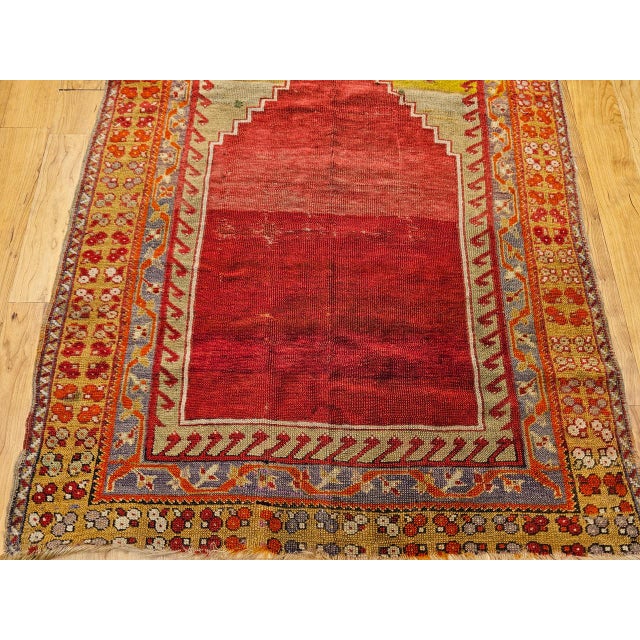 Vintage Turkish Prayer Area Rug, Hand-Knotted Wool, 4x5, Abrash Red & Yellow For Sale - Image 9 of 14