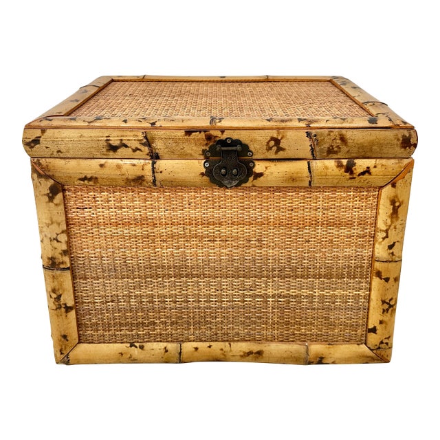 Vintage Burnt Rattan Bamboo Trunk For Sale