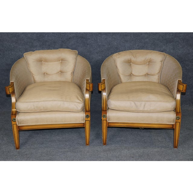 1950s Pair French Art Deco Style Brass and Ebony Inlaid Club Chairs Manner of Burratta For Sale - Image 5 of 8