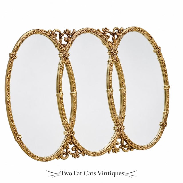 Vintage Hollywood Regency Triple Oval Mirror | Gold Interlocking Triptych | MCM For Sale - Image 4 of 9
