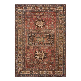 1930s Red Geometric Tribal Antique Caucasian Shirvan Rug 3' 9" X 5' 9" Handknotted Wool Carpet For Sale