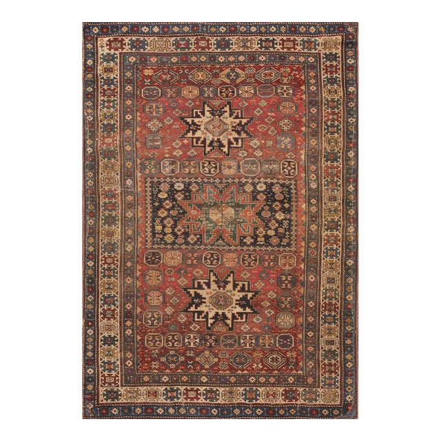 1930s Red Geometric Tribal Antique Caucasian Shirvan Rug 3' 9" X 5' 9" Handknotted Wool Carpet For Sale