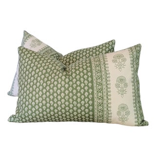 Schumacher Hyacinth Leaf Green Outdoor Lumbars - Pair For Sale