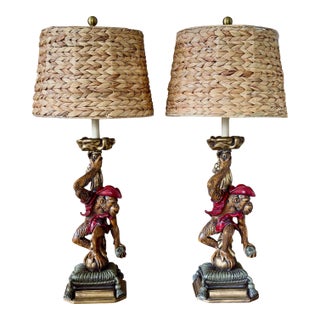 Late 20th Century Pair of Wildwood Figural Monkey Table Lamps With Woven Seagrass Shades For Sale
