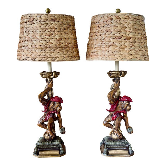 Late 20th Century Pair of Wildwood Figural Monkey Table Lamps With Woven Seagrass Shades For Sale