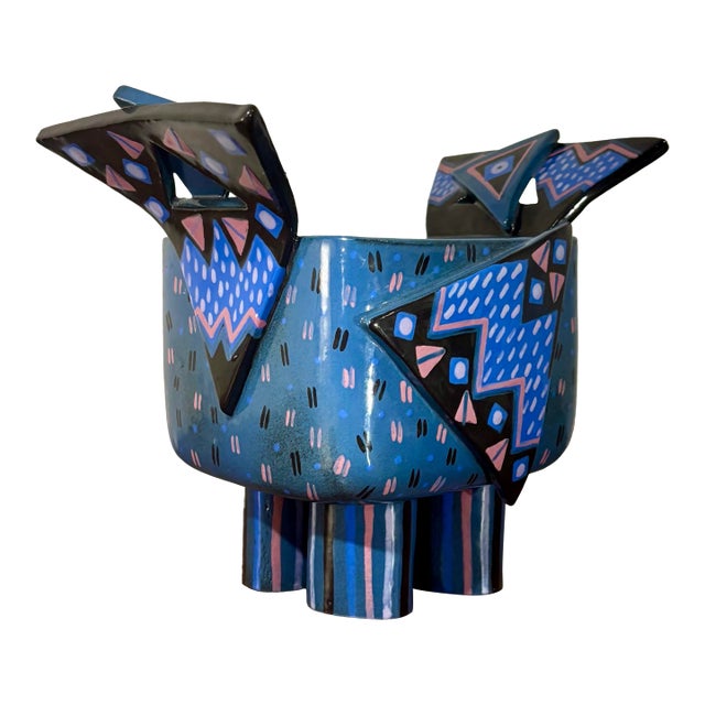 1980s American Sculptural Memphis Style Studio Ceramic Raised Vessel For Sale