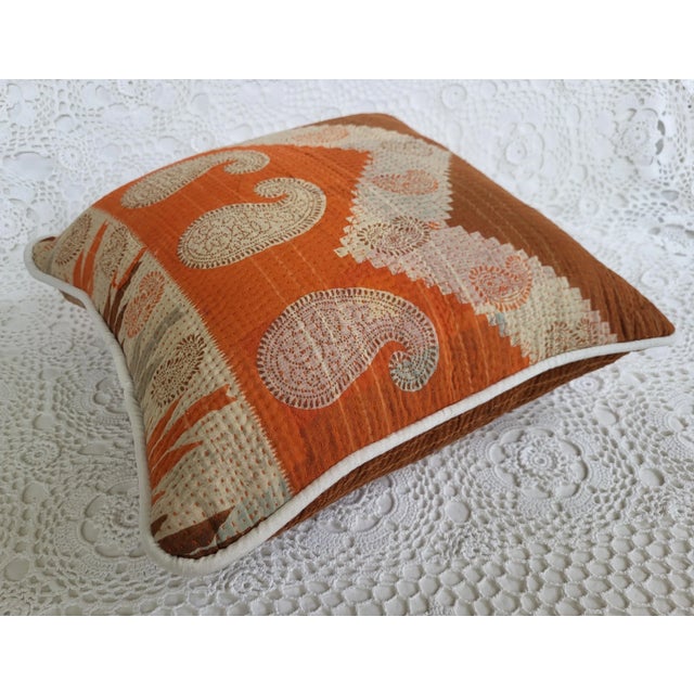 Rustic Burnt Orange & Brown Paisley Kantha Cloth Throw Pillow For Sale - Image 3 of 6