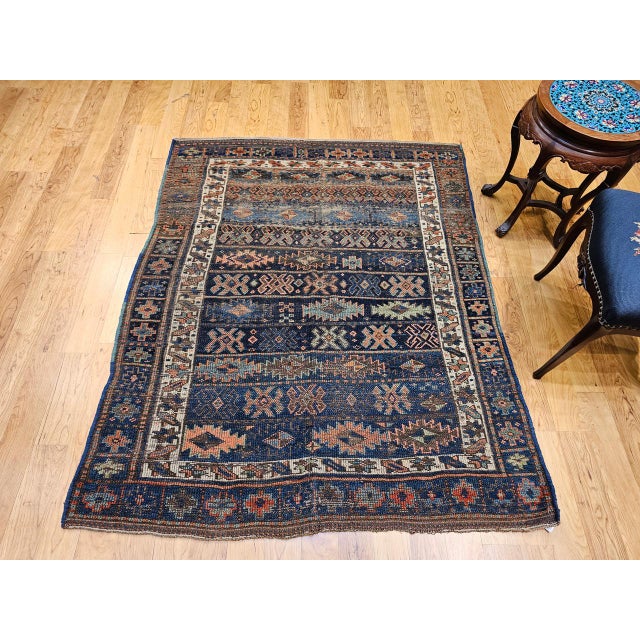 Persian Antique Caucasian Shahsavan Tribal Rug, Hand-Knotted Wool, Geometric Pattern, Navy & Green, 5x6 For Sale - Image 3 of 16