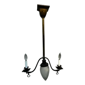 1910s Brass Gas Electric Chandelier With Vintage Shade