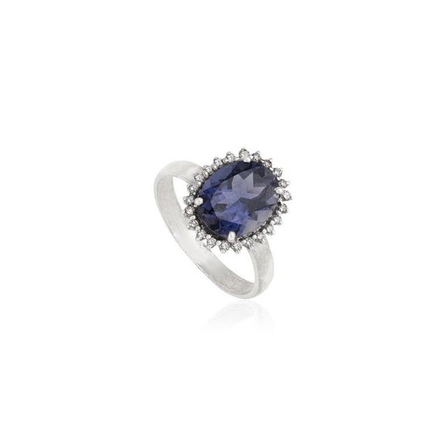 Art Deco Antique Iolite Halo Ring With Diamond Accents in 925 Sterling Silver - Size 6.5 For Sale - Image 3 of 11