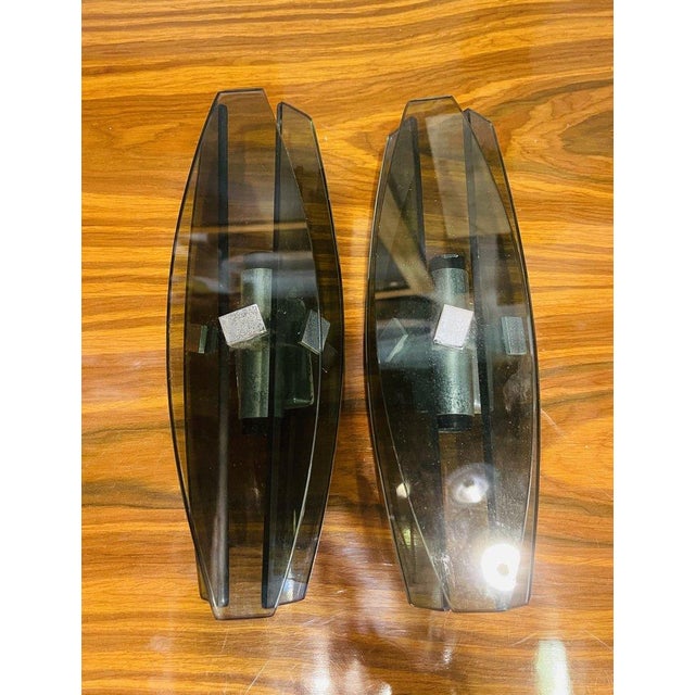 Fontana Arte Smoked Glass Wall Lamps with Chrome Inserts from Fontana Arte, Set of 2 For Sale - Image 4 of 8