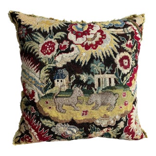 Antique 19th Century Needlepoint and Petit Point Tapestry Pillow With Lion and Boar For Sale