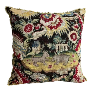 Antique 19th Century Needlepoint and Petit Point Tapestry Pillow With Lion and Boar