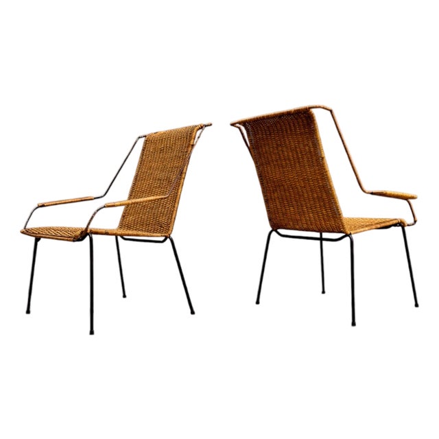 Pair of Armchairs Wicker & Iron, Carlo Hauner, 1950s For Sale