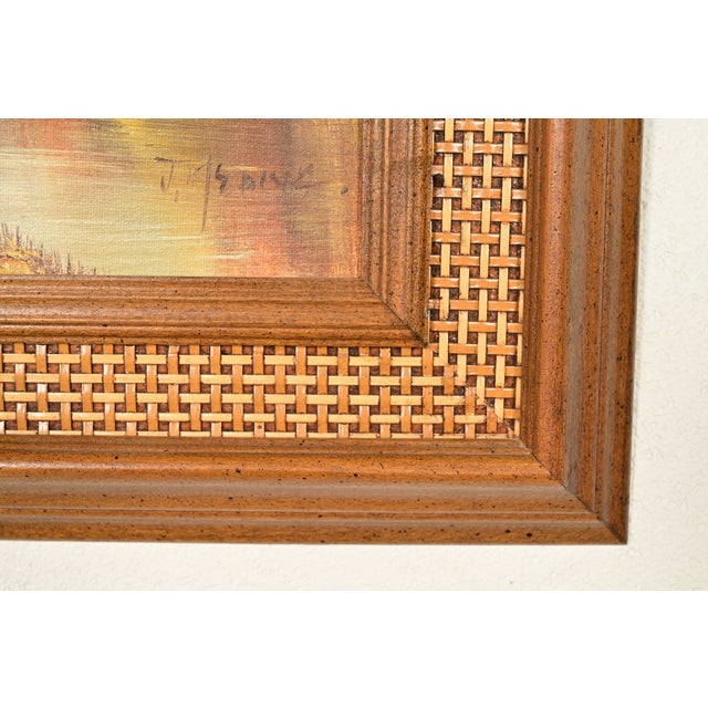 Original Artist Signed Oil Painting on Canvas Rural Landscape of "Covered Bridge" in Carved Walnut and Woven Rattan Frame For Sale - Image 10 of 14