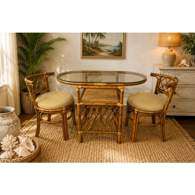 Vintage Honeymoon Coastal Bamboo & Rattan Oval Glass Dining Set With Two Chairs For Sale - Image 10 of 10