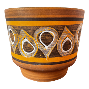 Vintage Mid-Century Ceramic Planter With Dimensional Fat Lava Style Glaze, Orange Brown & Teal