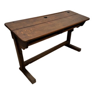 Antique French Double School Desk with Inkwells, 20th Century, 1890s For Sale