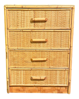 Mid-Century Rattan 4-Drawer Bedside Table