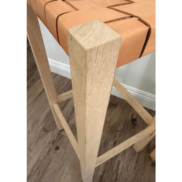 Pair of Oak and Woven Leather Bar Stools For Sale - Image 4 of 8