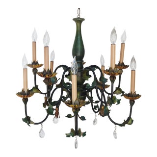 1950s Italian Wood, Tole & Crystal Chandelier with 10-Arms For Sale