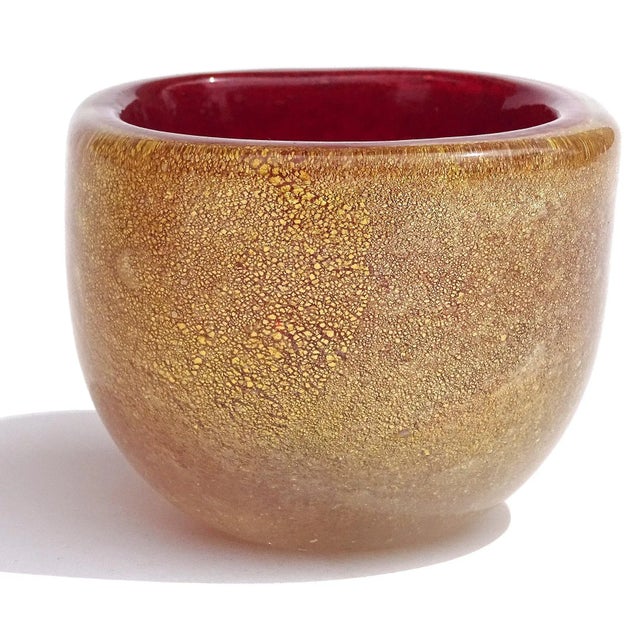 Mid-Century Modern Vintage Seguso Vetri d'Arte Murano Flavio Poli 1939 Red Pulegoso Gold Flecks Italian Art Deco Glass Dish Bowl For Sale - Image 3 of 6