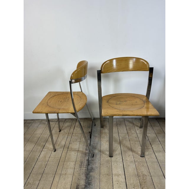 Silver Vintage Table and Chairs in Elm and Chrome Steel, 1980s, Set of 7 For Sale - Image 8 of 15