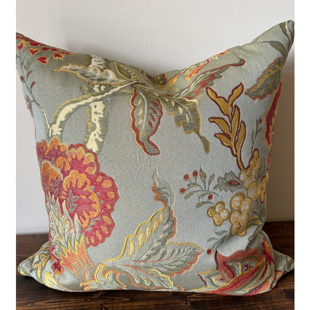 Floral botanical brocade pillow with plump down-and-feather insert. Pretty robins egg blue with oranges, pinks, and...