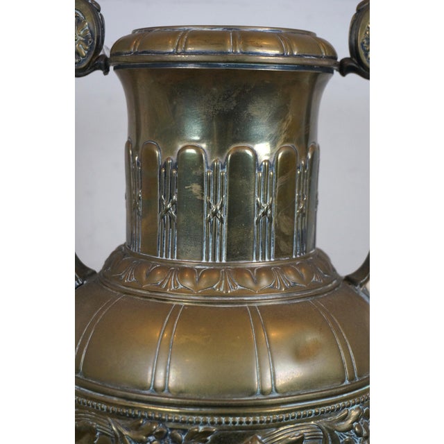 Metal Mid 20th Century Neoclassical Empire Style Repousse Brass Roses Mantel Urn Amphora Vase For Sale - Image 7 of 12
