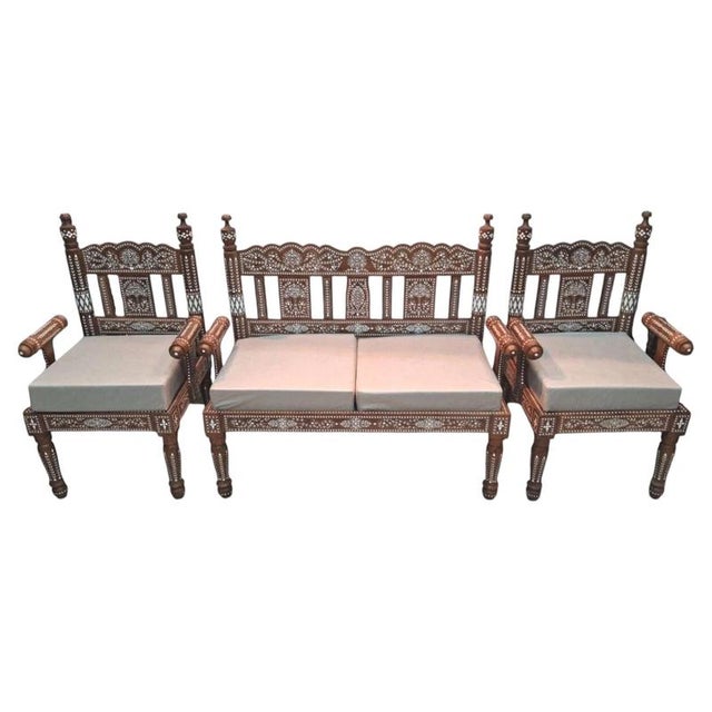 2000 - 2009 Indian Rosewood Inlaid Settee and Armchairs, Set of 3 For Sale - Image 5 of 5