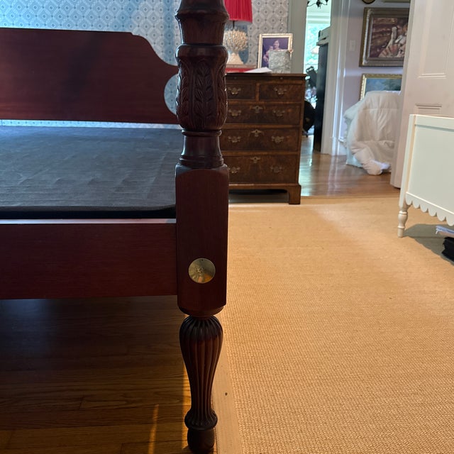 Solid Mahogany Rice Carved Four Poster Queen Bed With Canopy Frame and Low-Profile Boxspring For Sale - Image 6 of 12