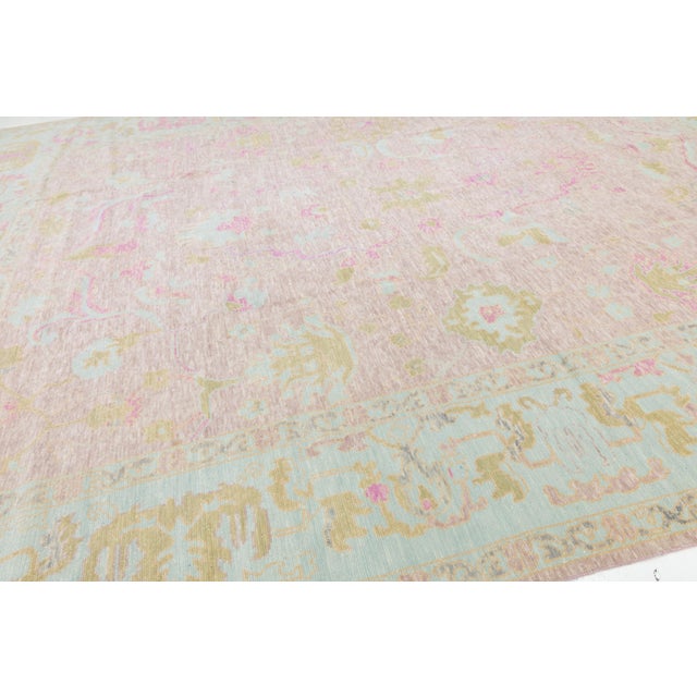 Textile Pink Contemporary Oushak Style Wool Rug Handmade With Floral Design For Sale - Image 7 of 11