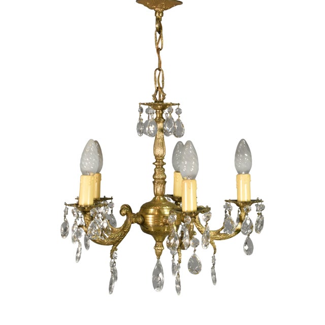 French Antique Gilt Brass and Cut Glass Chandelier, 1920s For Sale