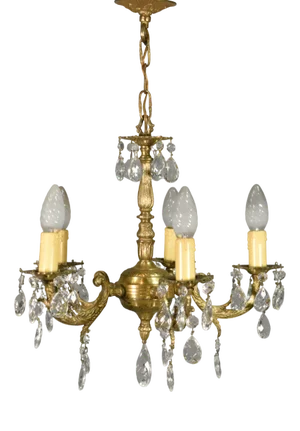 French Antique Gilt Brass and Cut Glass Chandelier, 1920s