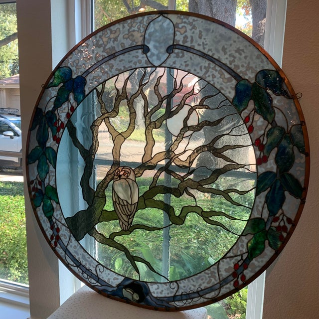 Glass Large Vintage Stained Glass Art (Owl) For Sale - Image 7 of 12