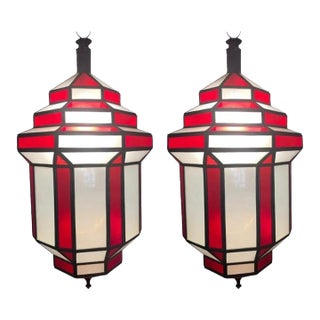 1990s Art Deco Style White Milk & Red Glass Chandelier, Pendant or Lantern, a Pair For Sale