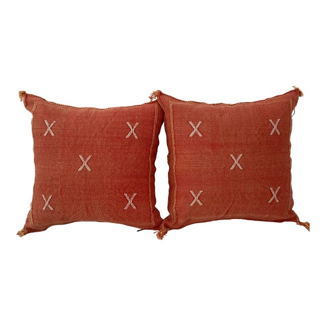 Contemporary Red Brick Silk Sabra Pillow Covers- a Pair For Sale